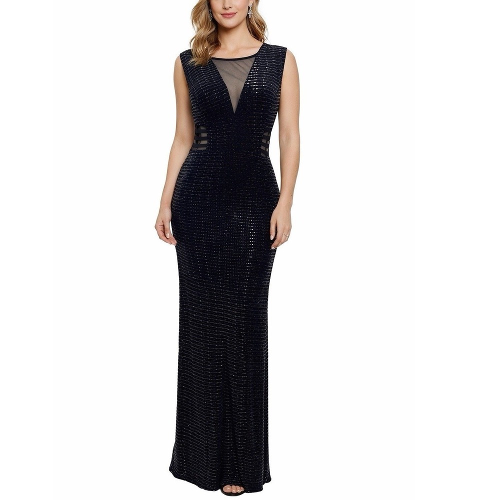 En Focus Studio Gown Women Size 8 Black Excellent Sequin Mesh Cutout Maxi